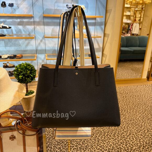 Tory Burch Handbags - Tory Burch Blake Tote Pebbled leather 177332 BLACK / Devon Sand $395